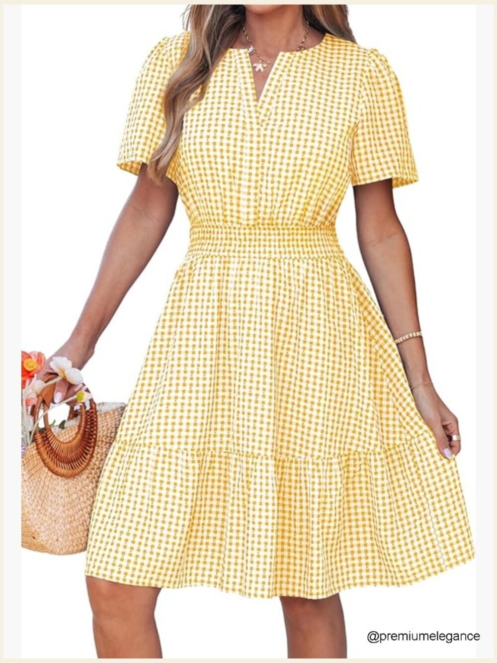 Women's A-Line Mini Dress V-Neck Short Sleeve Smocked Waist Casual Summer Party